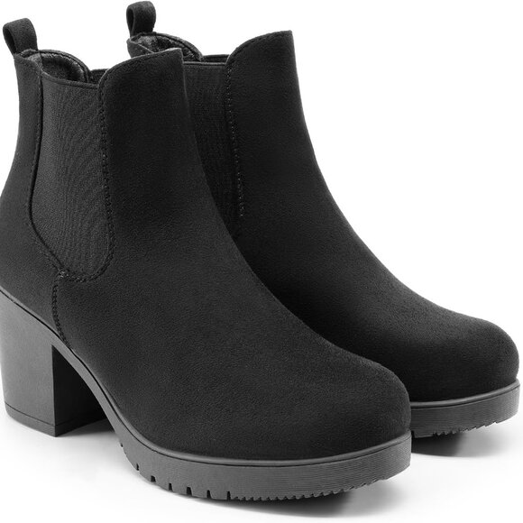 Women's High Chunky Heel Chelsea Ankle Boots Slip On Elastic Fall Heeled Booties - Picture 3 of 6